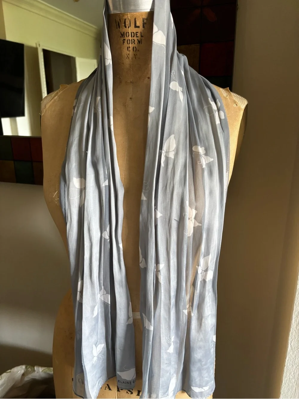Vintage Butterfly Scarf 11”x52” Lavender White Satin Stripes